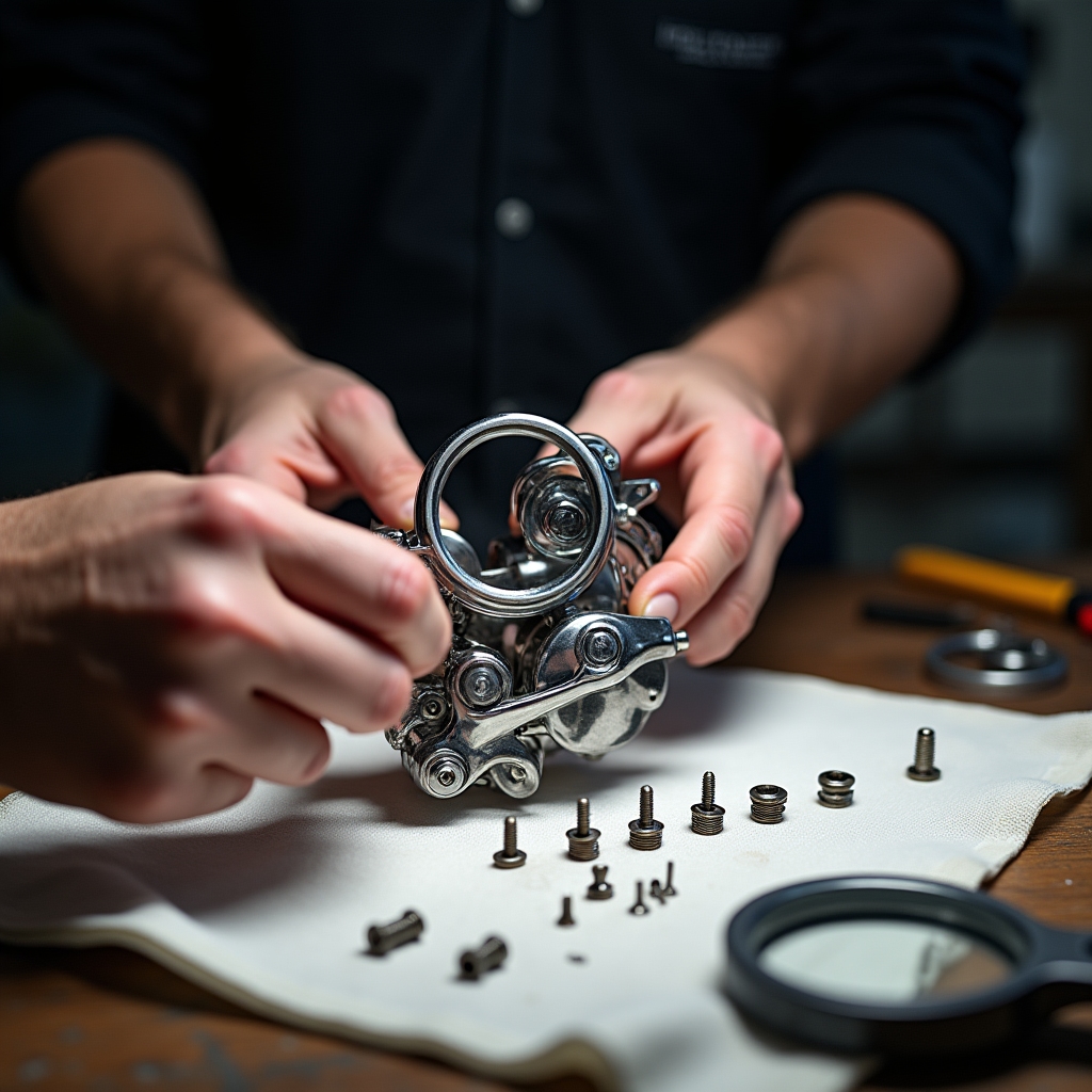 Analisi tecnica dei componenti di una bicicletta d'epoca sul banco di lavoro