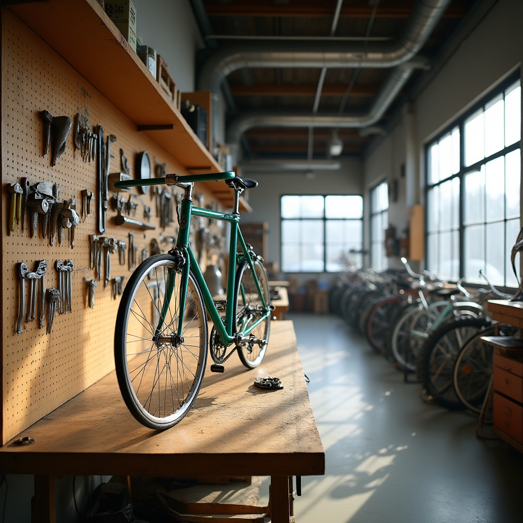 Officina Isortrax con strumenti specializzati per il restauro di biciclette storiche